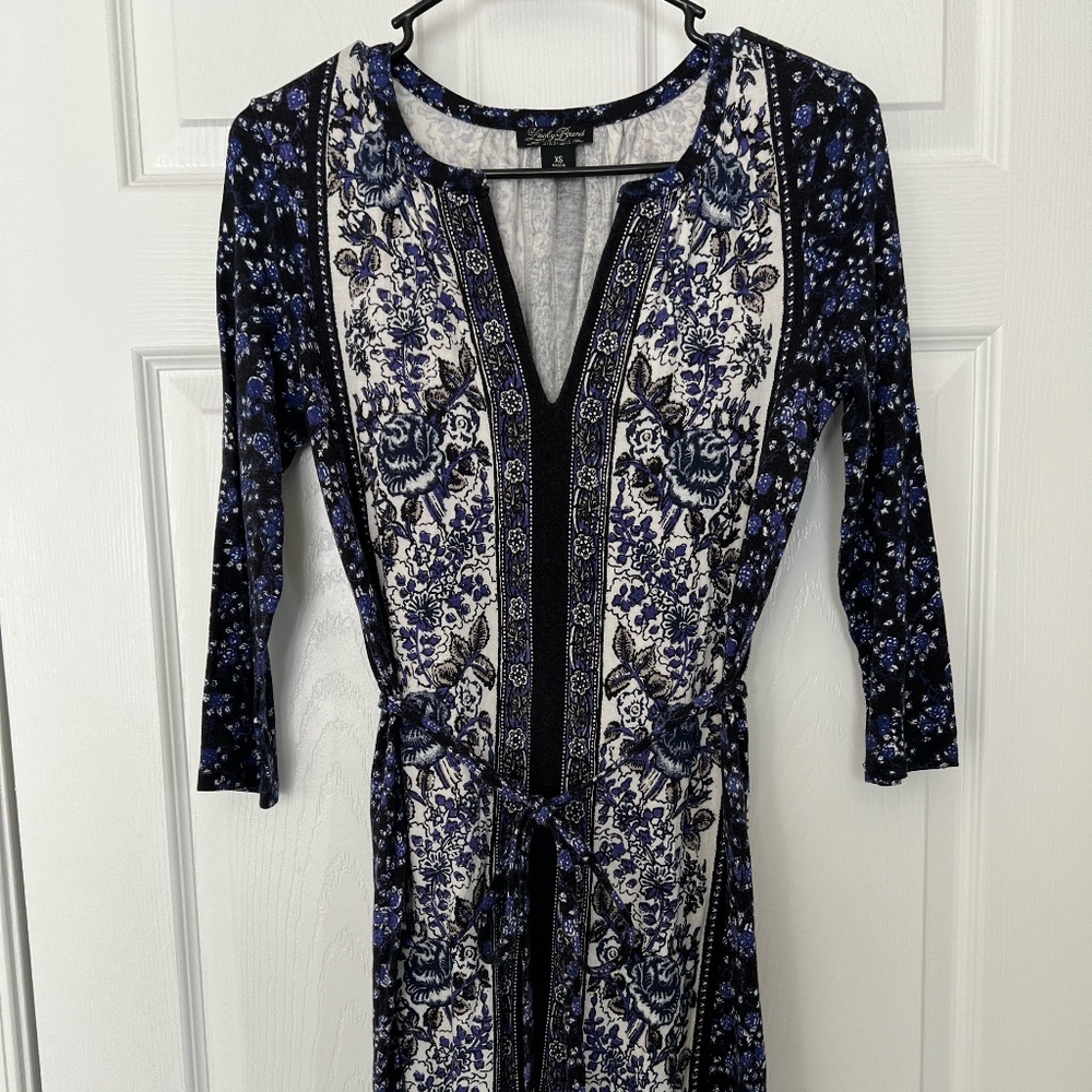 Lucky Brand Boho 3/4 Sleeve Dress with Tie - Blue, Black & White